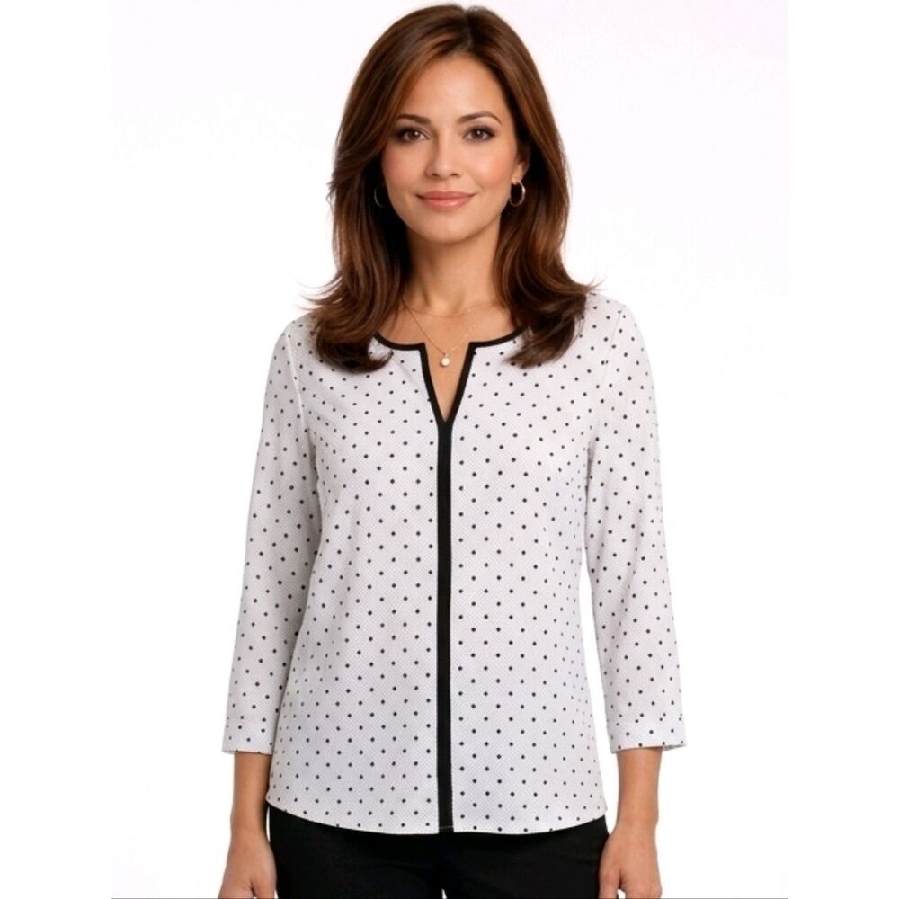 41 Hawthorne Black & White Polka-dot Split Neck 3/4 Sleeve  Blouse Size M